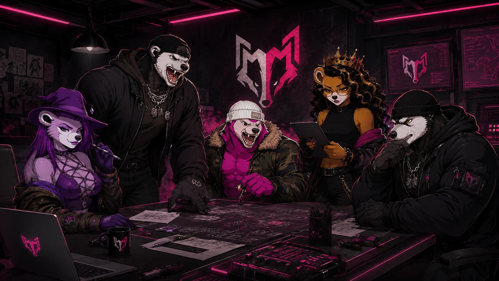 Five RATELMAFIA honey badgers gathered around a table in a command room